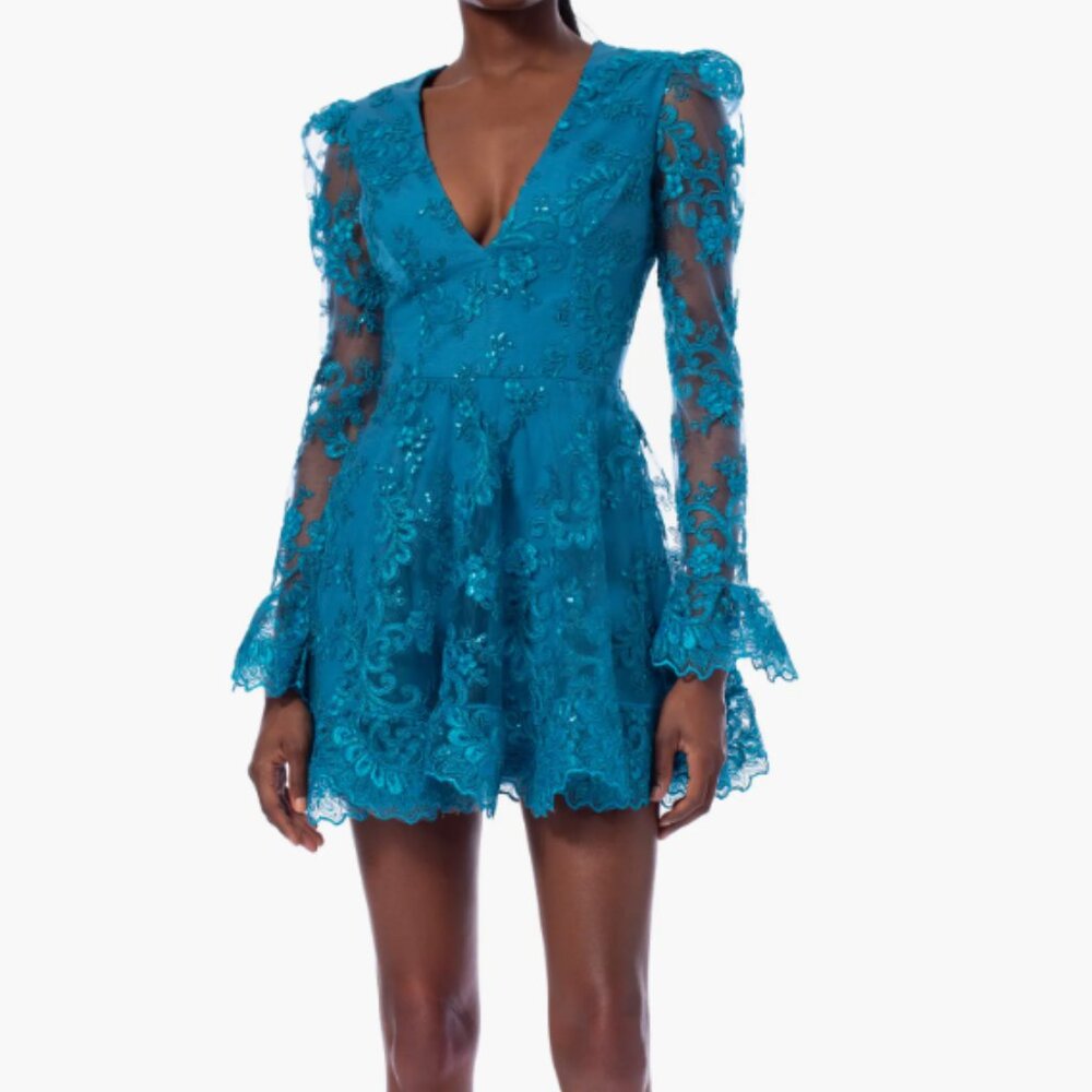 Helsi Teal Lace V-Neck Mini Dress with Sheer Long Sleeves
